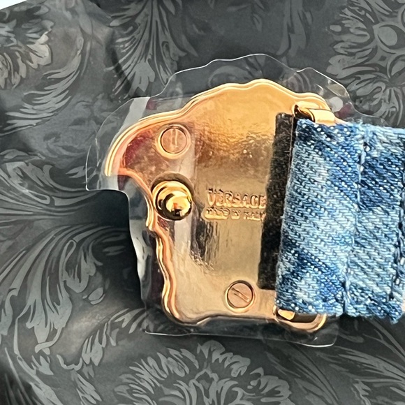 NEW VERSACE LA MEDUSA GOLD BUCKLE BAROCCO DENIM Leather Jean Belt 75/30 Medium - Picture 8 of 15